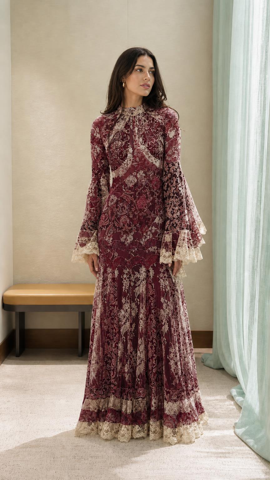 Model wearing the vintage lace maxi dress in burgundy color variant