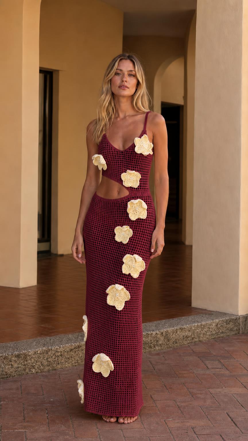 Full front view in burgundy crochet maxi dress