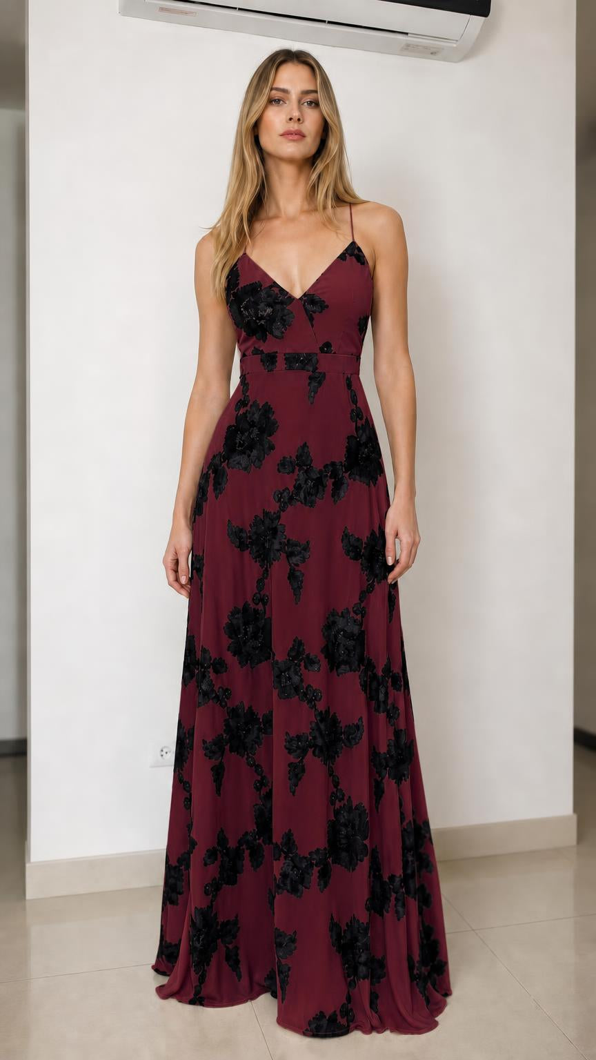 Front view of burgundy floral applique maxi dress