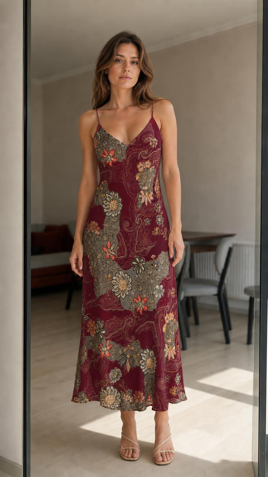 Front view of woman wearing burgundy floral satin slip midi dress