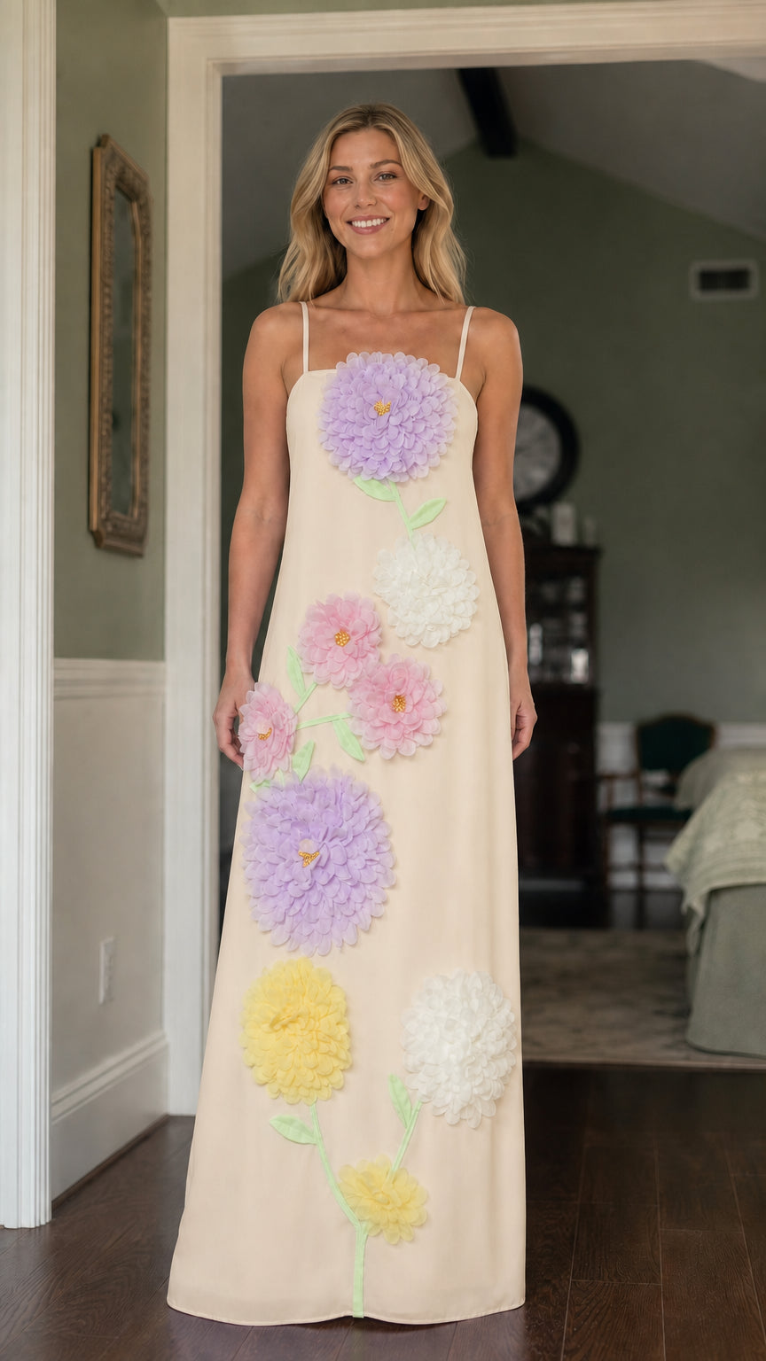 Front view of model wearing Beige 3D floral maxi dress