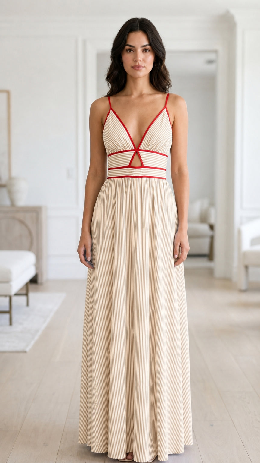 Front view of beige striped maxi dress variant