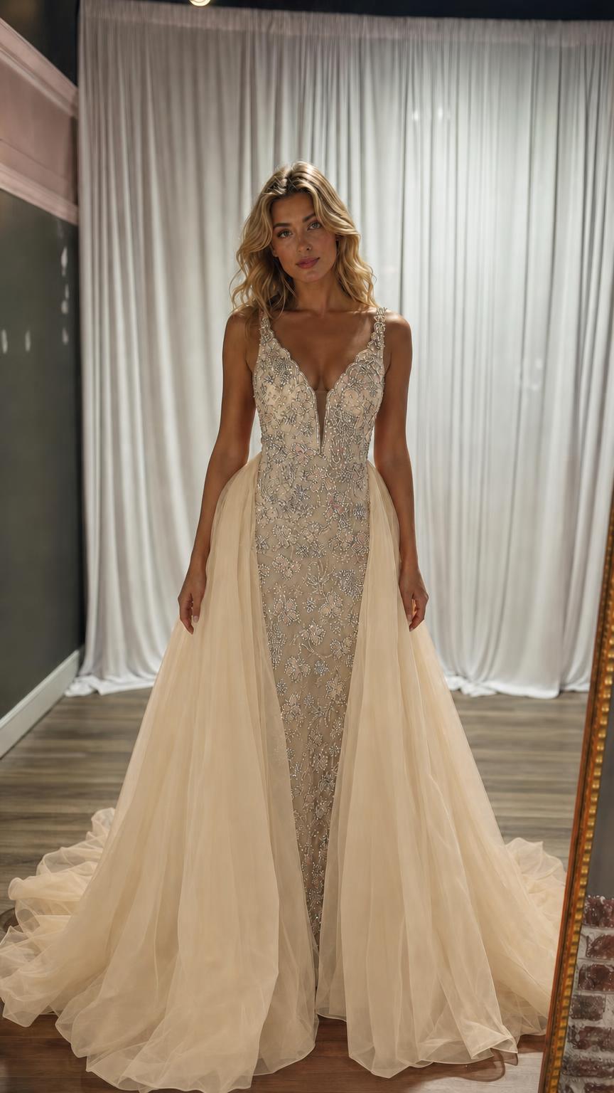 Model wearing champagne-colored neutral evening dress with sheer overlay