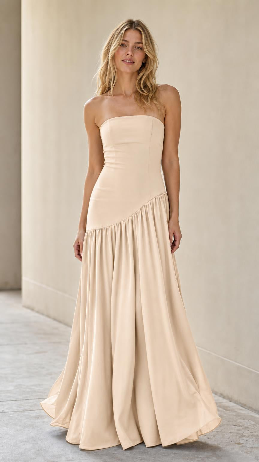 Full length view of model in champagne formal chiffon dress