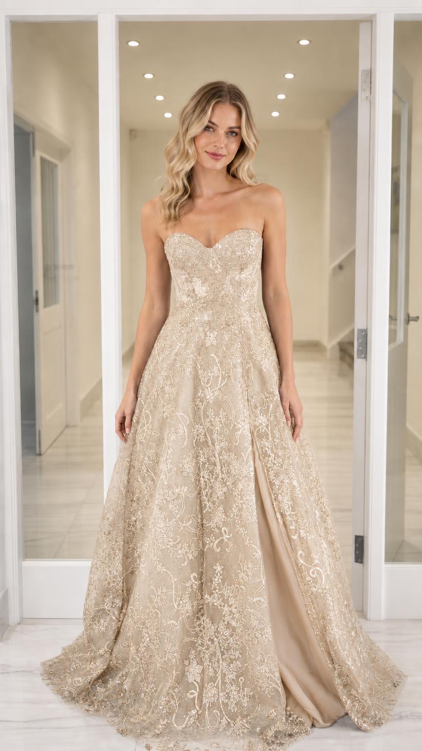 Front view of the champagne sequin evening gown
