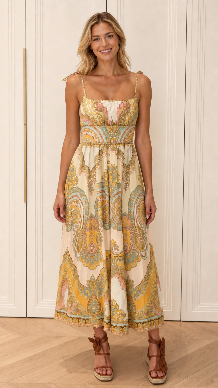 Model wearing cream color variant of paisley midi dress