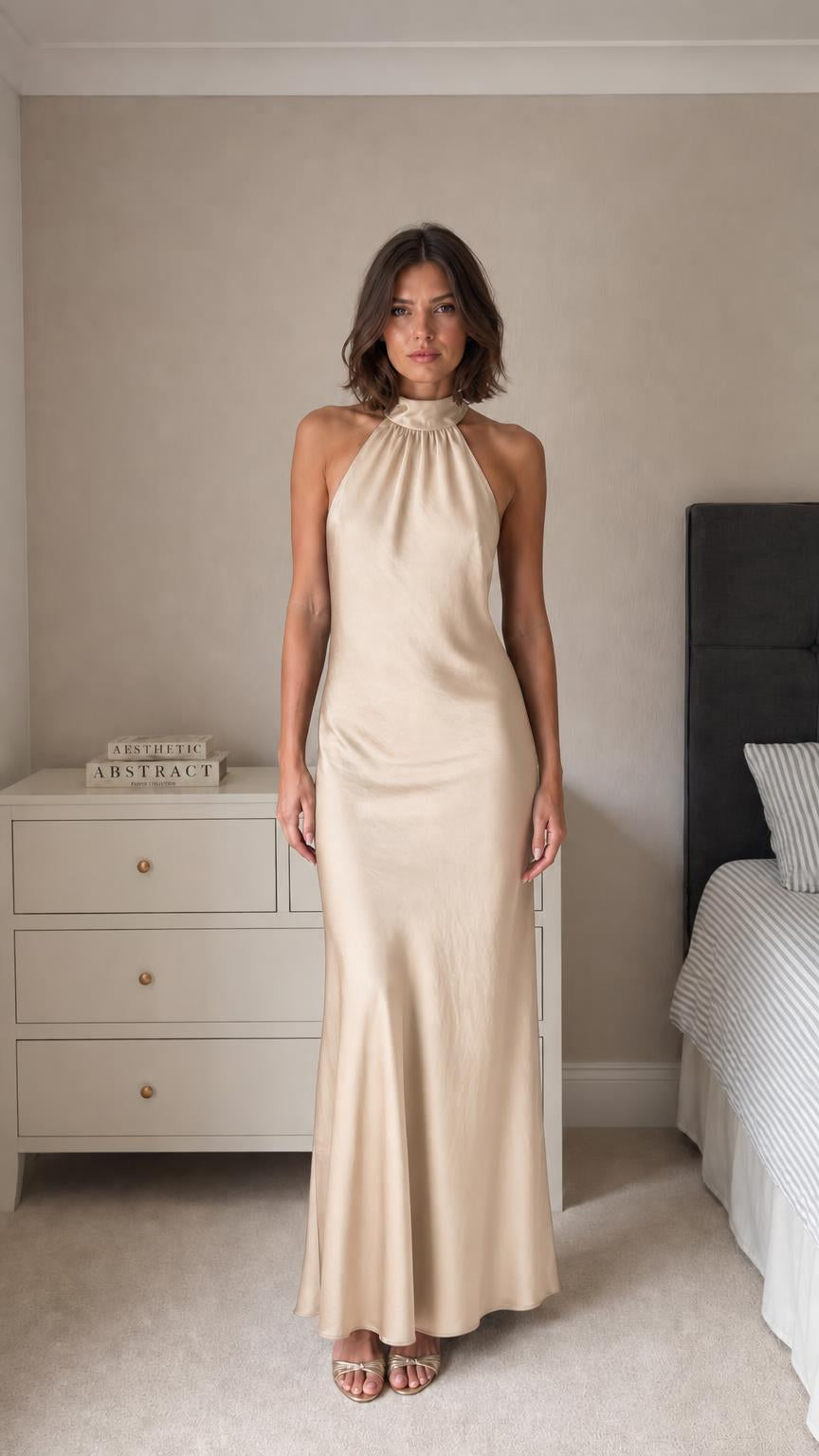 Model wearing champagne satin halter neck maxi dress