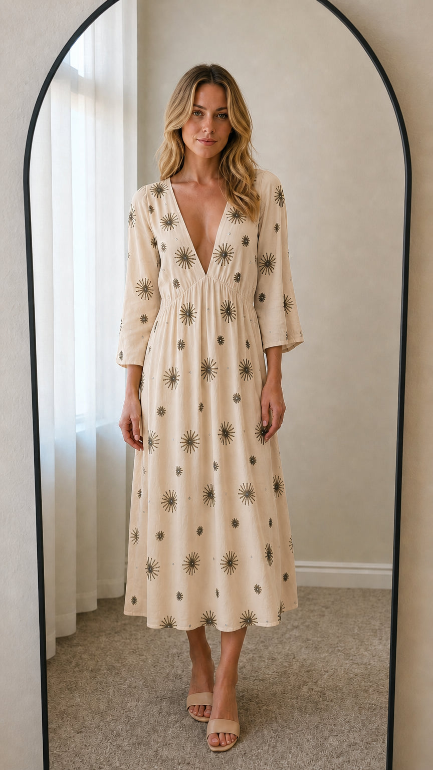 Front view of off-white embroidered midi dress