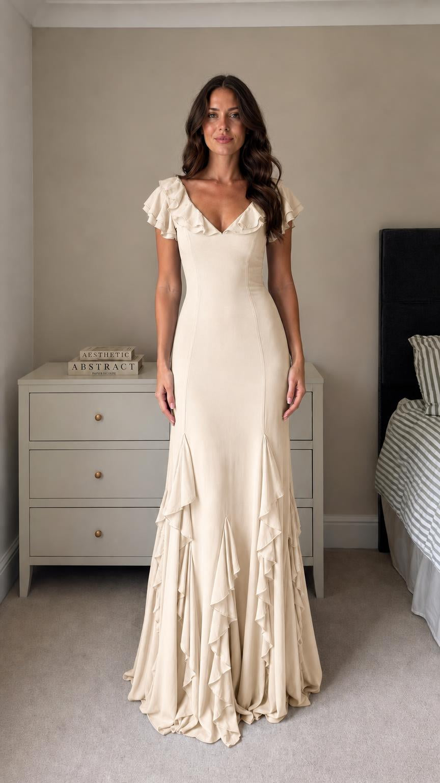 Front view of model wearing Champagne evening maxi dress