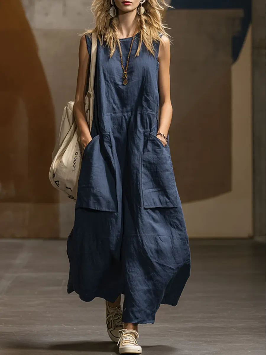 Sleeveless Linen-Blend Pocket Maxi Dress