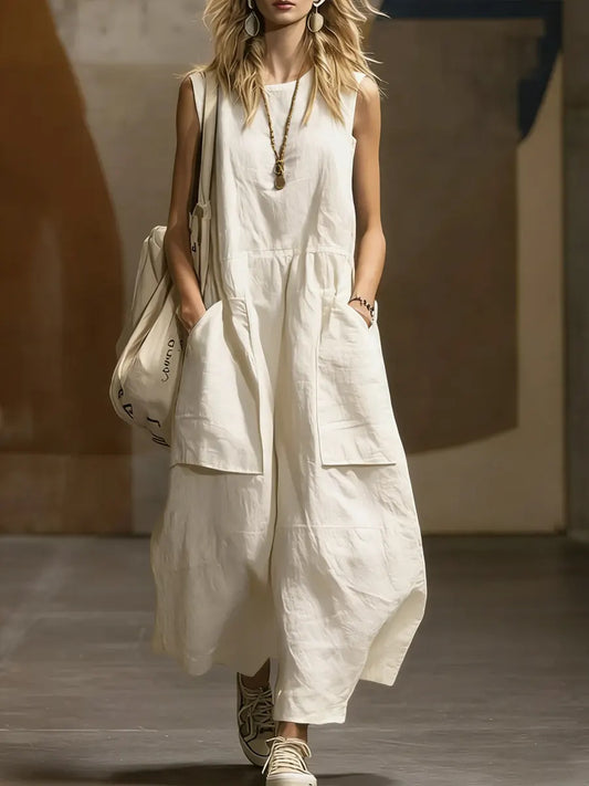 Sleeveless Linen-Blend Pocket Maxi Dress