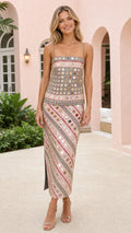 Front view of model wearing multi pink embellished two-piece midi set