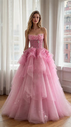 Ethereal Pink Tulle Ball Gown Front View