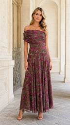 Front view of model wearing olive floral off-shoulder maxi dress