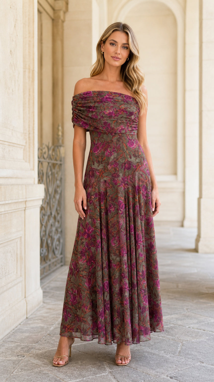 Front view of model wearing olive floral off-shoulder maxi dress