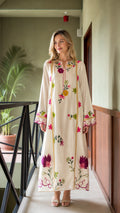 Model wearing Ivory floral embroidered maxi kaftan dress, front view
