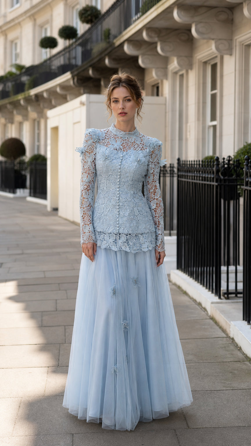 Full front view of the light blue lace top and tulle maxi skirt set