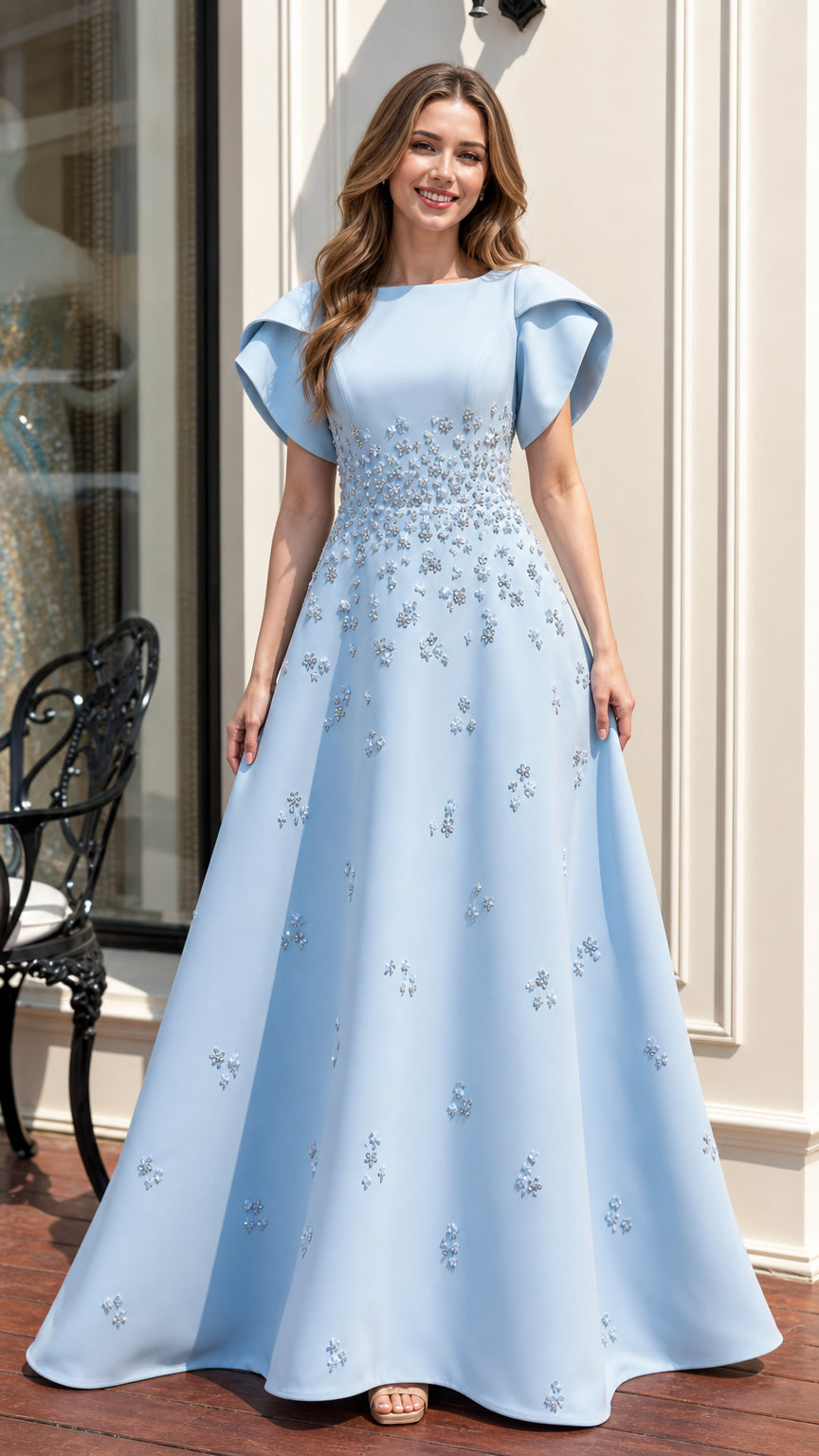 Front view of light blue beaded evening gown