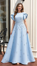 Front view of light blue beaded evening gown