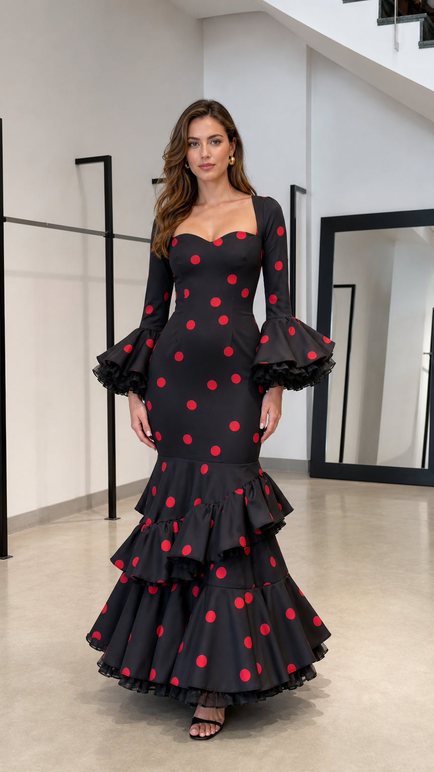 Front view of woman wearing black and red polka dot mermaid maxi dress