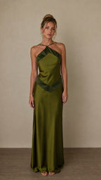 Front view of olive satin halter maxi dress on model