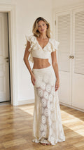 Front full view of ivory crochet ruffle crop top and maxi skirt two-piece set