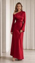 Front view of model wearing red one-shoulder satin evening gown
