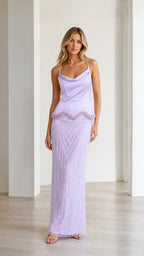 Elegance Beaded Cami Peplum Maxi Dress in Lavender front view
