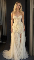 Ethereal Ruffled Corset Strapless Long Gown in Champagne front view