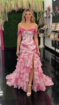 Front view of pink floral off-shoulder corset evening gown with high slit