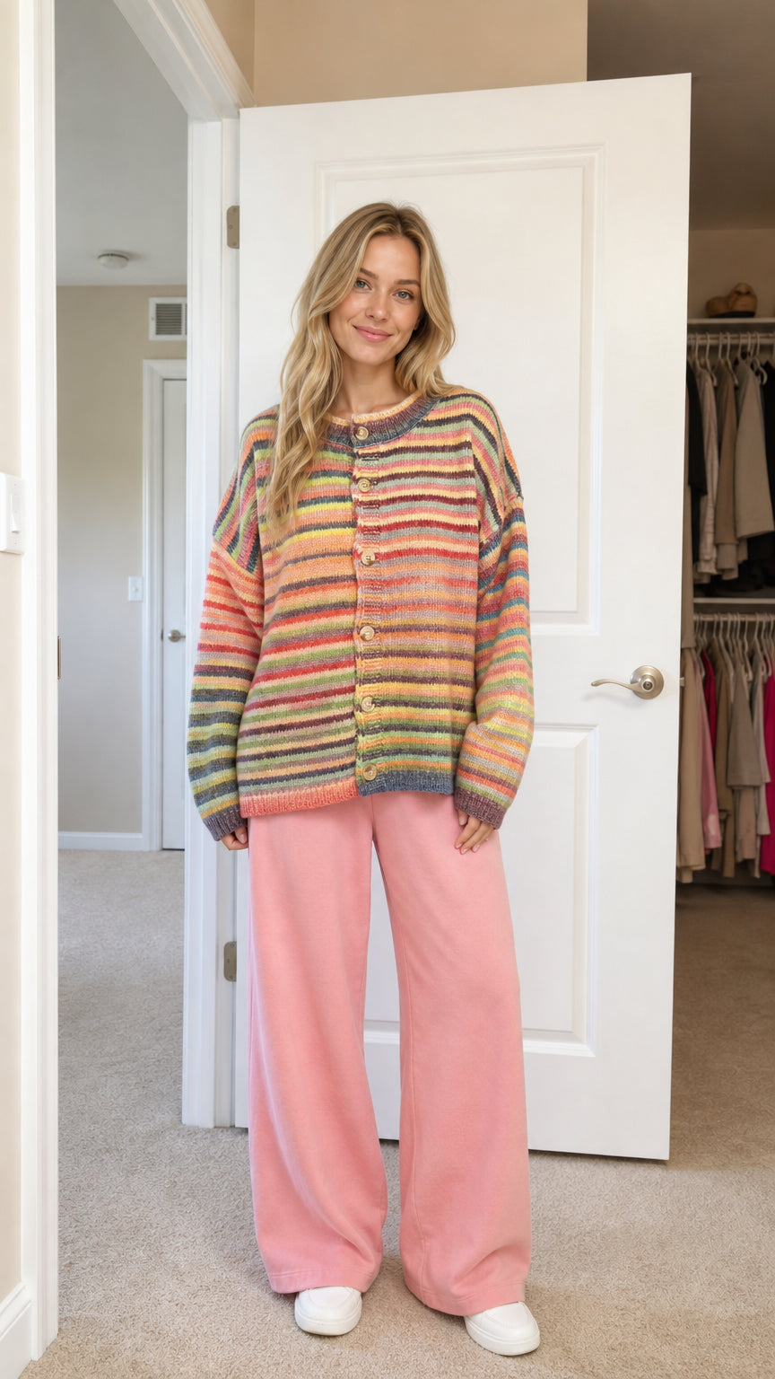 Front view of model wearing multi-tone striped cardigan and pink trousers