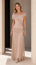 Front view of Champagne off-the-shoulder evening gown