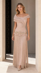 Front view of Champagne off-the-shoulder evening gown
