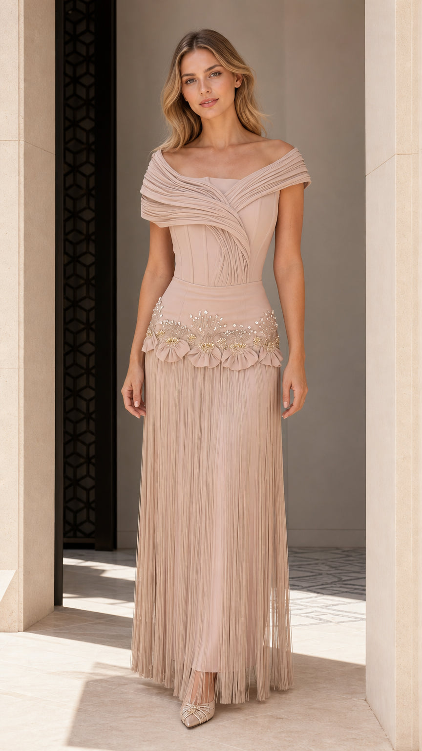 Front view of Champagne off-the-shoulder evening gown