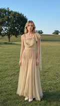 Front view of model wearing champagne tulle maxi dress in a field