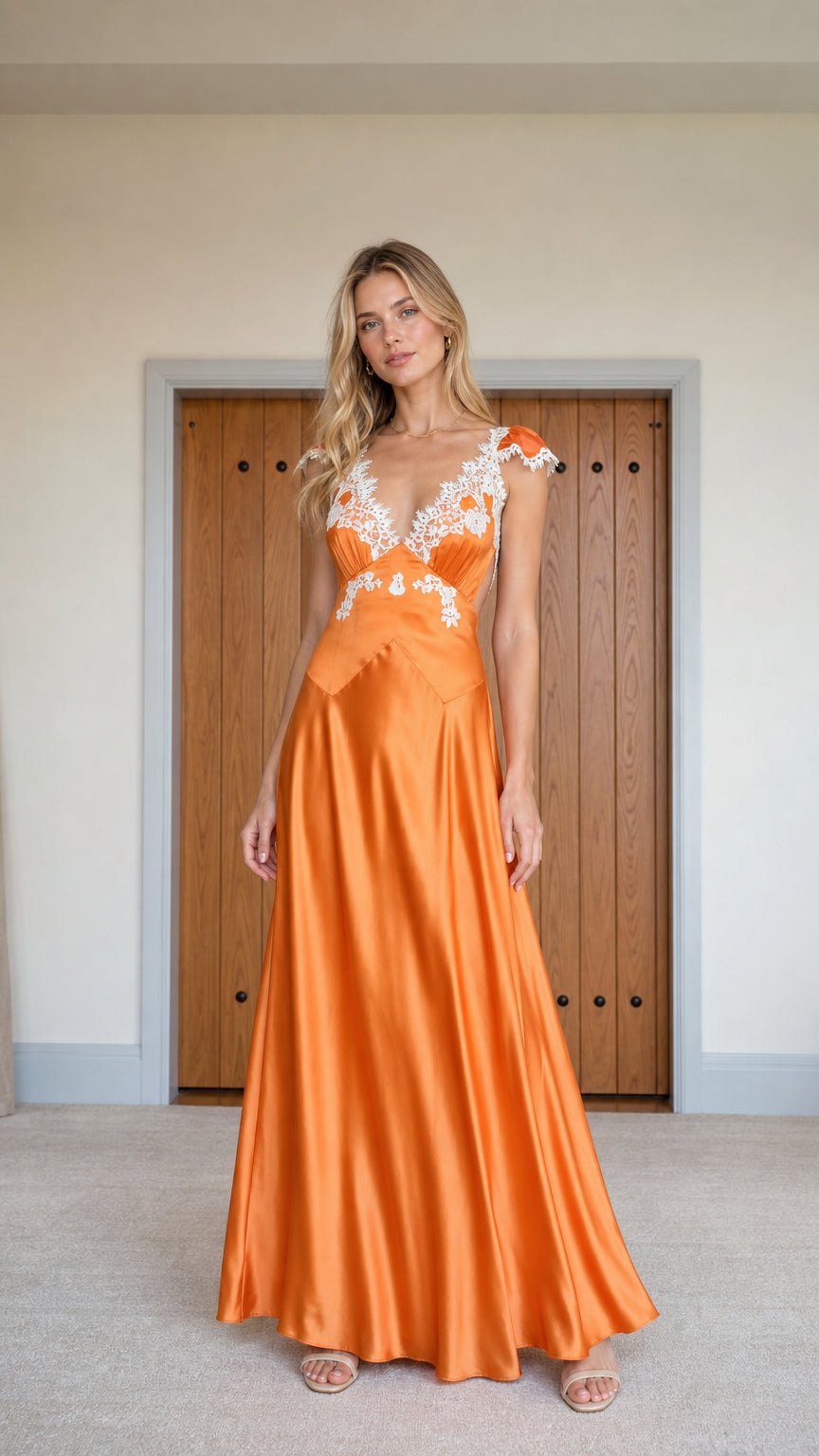 Front view of model wearing orange satin maxi dress with white lace