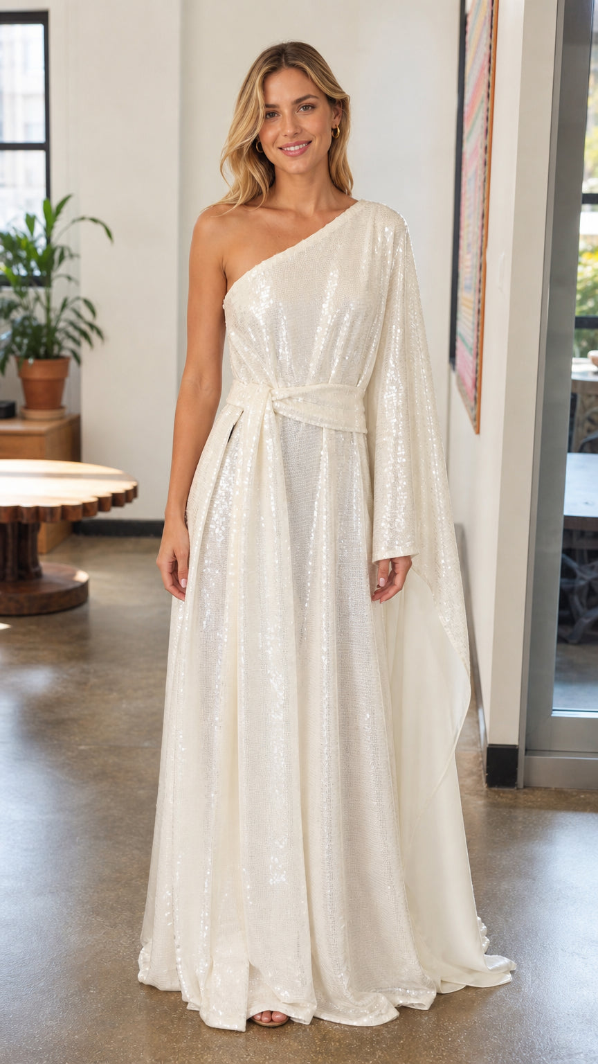 Front view of woman wearing white one-shoulder sequin maxi dress
