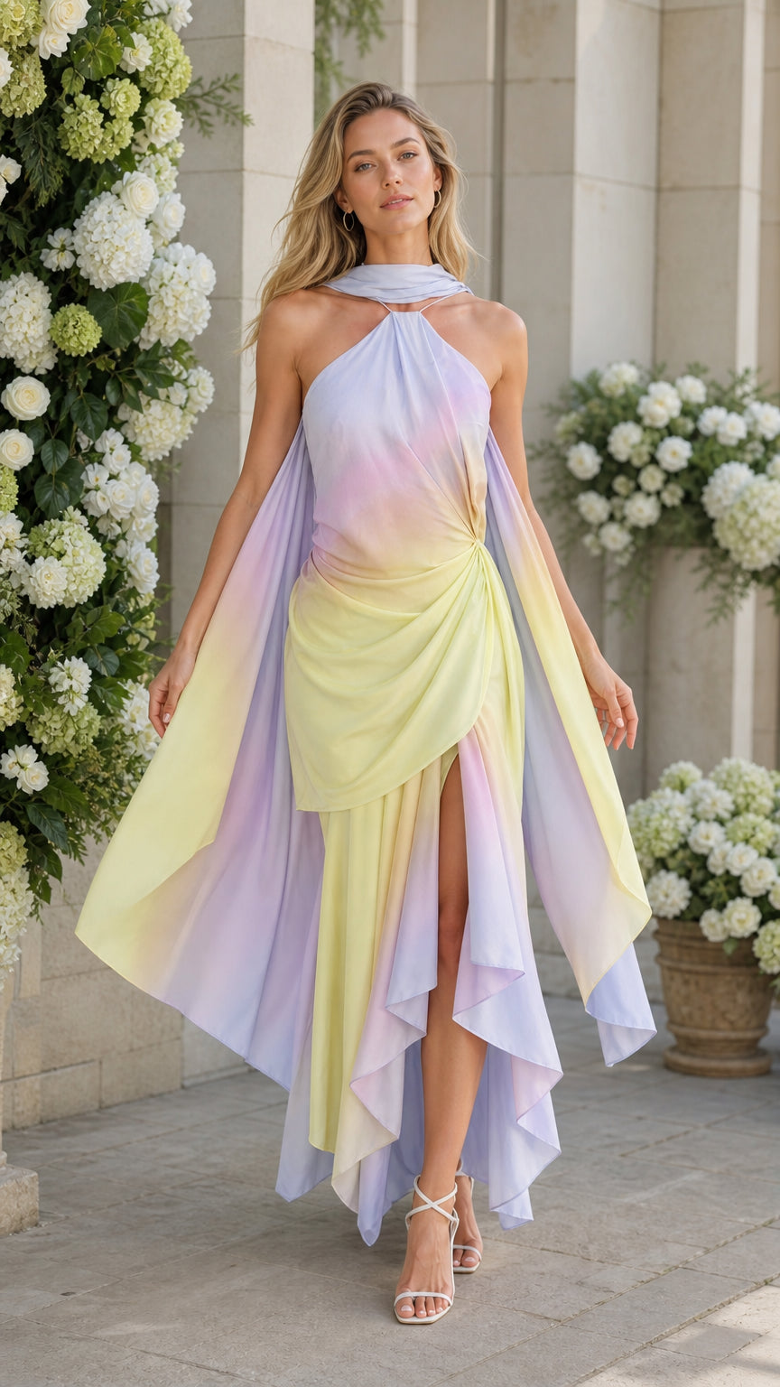 Front view of model wearing multi ombre draped halter maxi dress