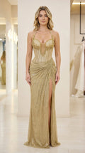 Front view of gold glitter halter evening gown