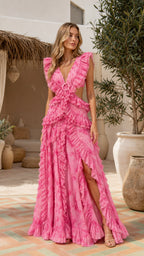 Front view of model wearing pink ruffled cutout maxi dress
