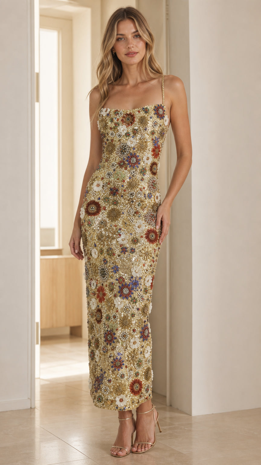Front view of model wearing the gold embellished floral midi dress