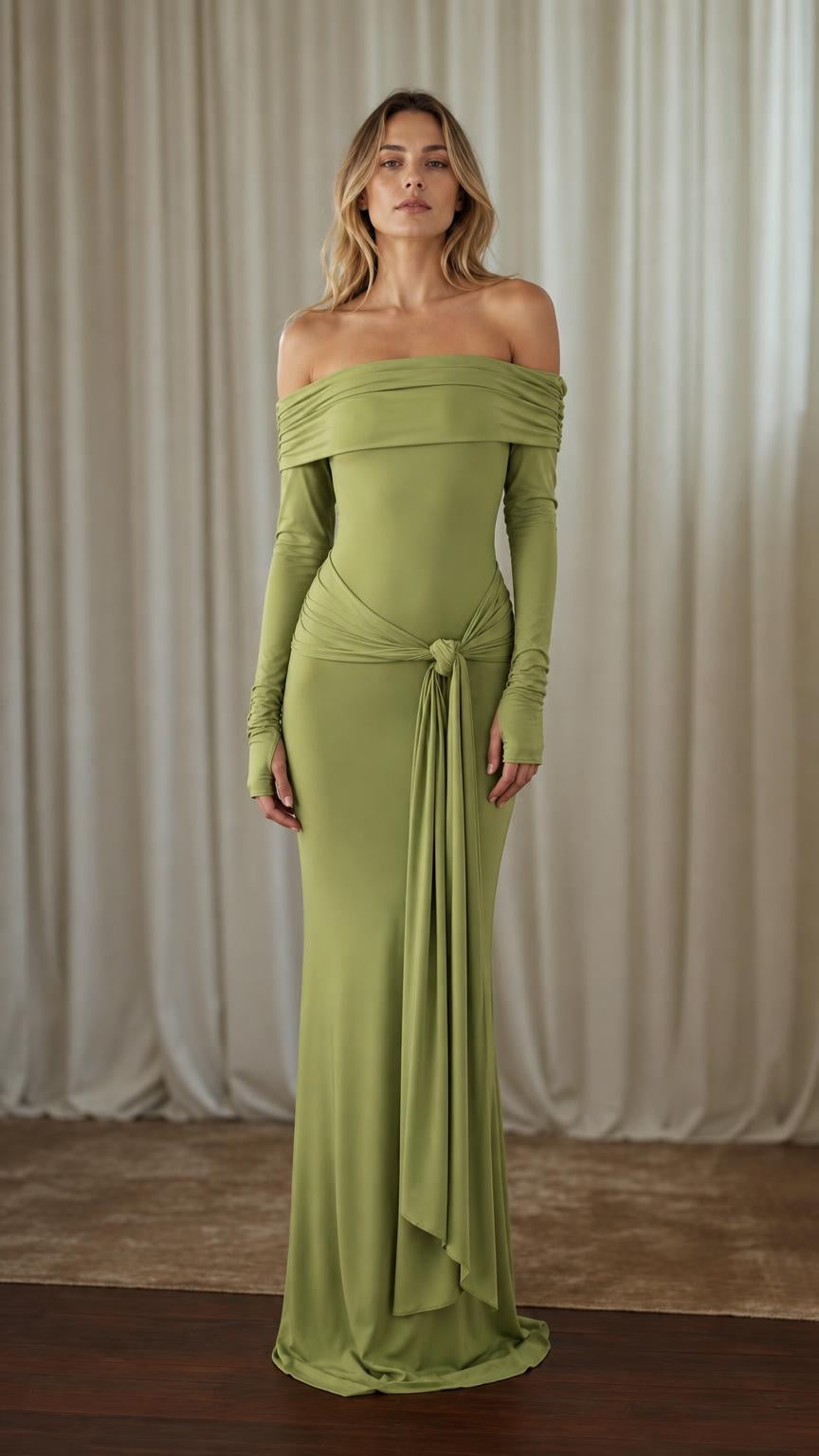 Front view of woman wearing olive off-shoulder long sleeve draped knot maxi dress