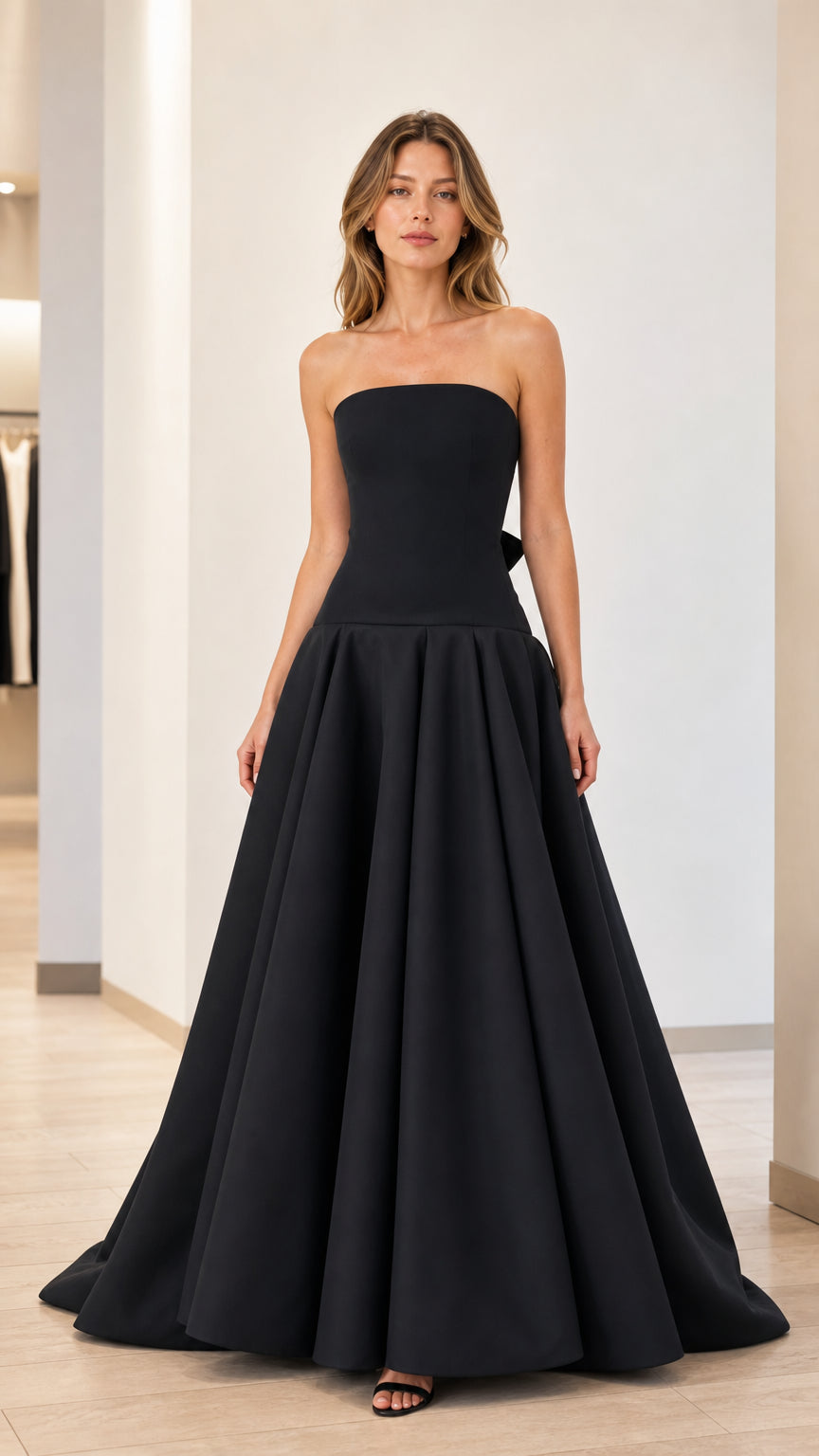 Front view of black strapless evening gown