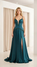 Front view of teal satin evening dress with high slit