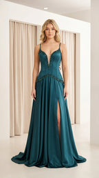 Front view of teal satin evening dress with high slit