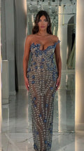 Front view of blue beaded strapless evening gown