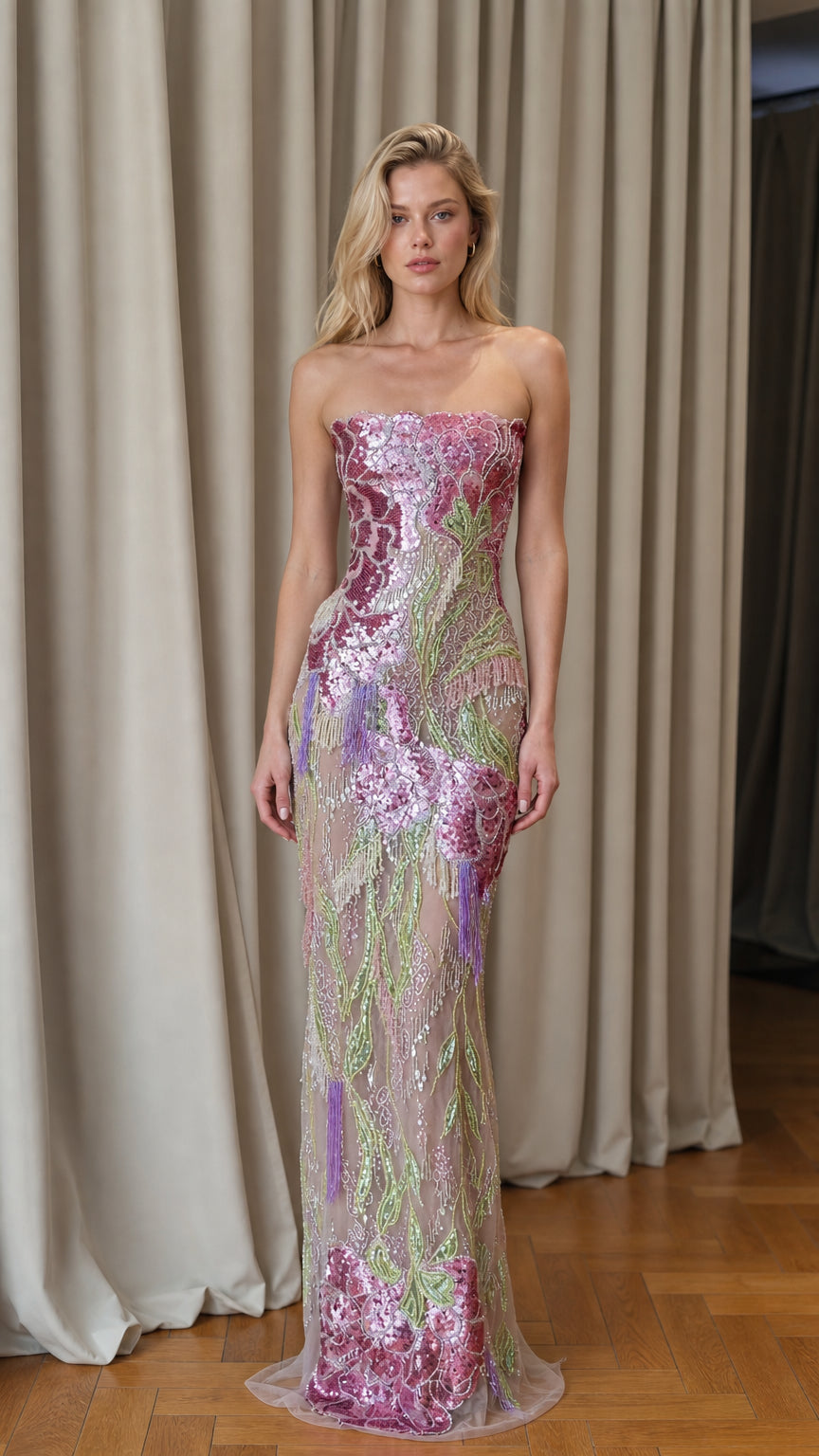 Front view of model wearing pink floral sequin strapless evening gown