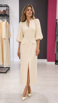 Elegance Gem-Button Midi Dress in Cream front view
