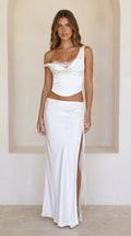 Front view of white satin lace-trim crop top and high-slit maxi skirt set
