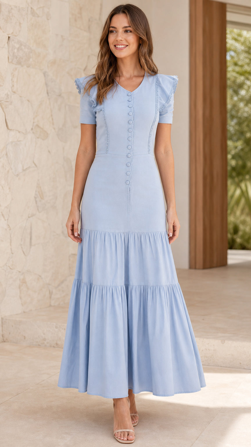 Front view of model wearing Light Blue ruffle trim tiered maxi dress